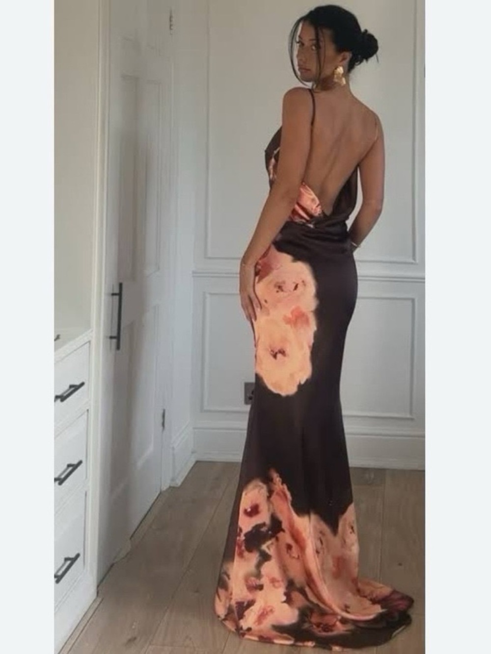 House of CB Mariamma Dark Brown Floral Printed Satin Maxi Dress - Picture 7 of 16